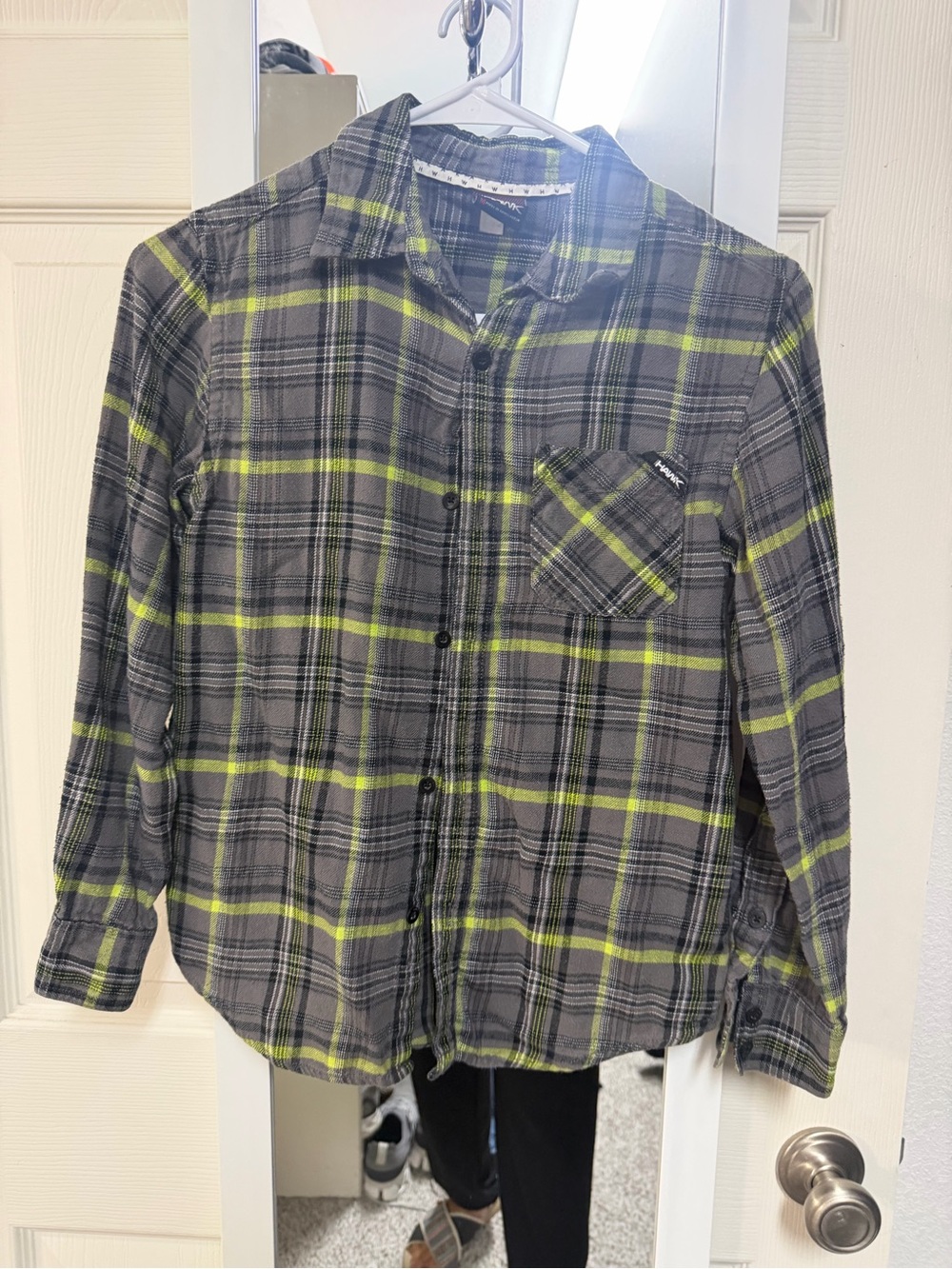Tony Hawk Gray Plaid Button-Down with Neon Green Stripes